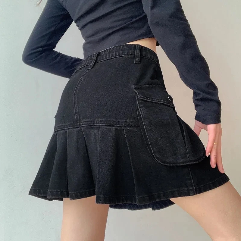 

Spring Vintage High Waist A-line Denim Skirt womens Black Pleated Skirts With Big Pockets Summer Fashion Mini Skirts Jupe Femme