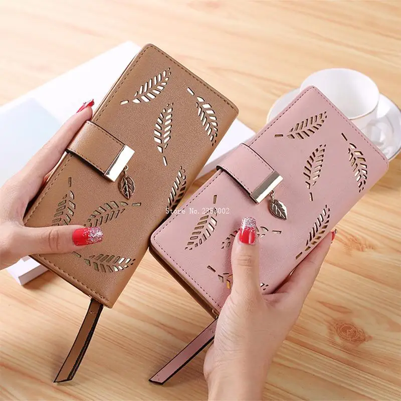 

New Women Wallet PU Leather Purse Female Long Wallet Gold Hollow Leaves Pouch Handbag Women Coin Purse Card Holders Clutch