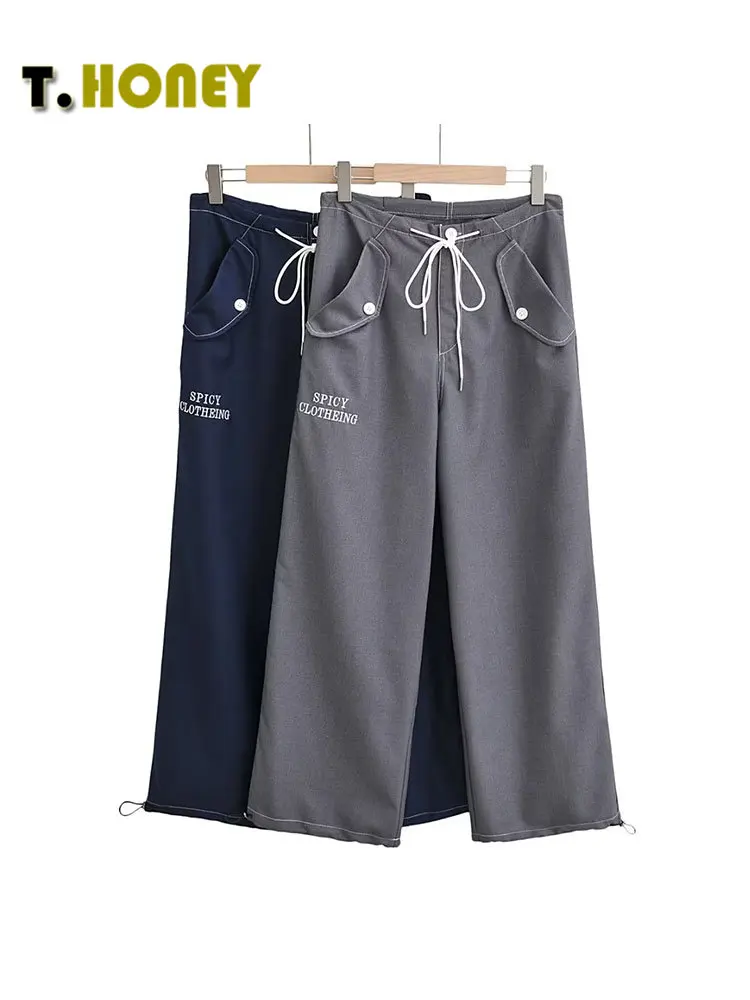 

TELLHONEY Women Fashion Solid Front Zipper Drawstring With Pockets Trousers Female Casual Straight Low Waist Parachute Pants