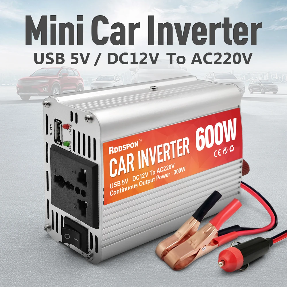 

600W Mini Car Inverter Sine Wave DC12V AC220V Charger Converter 200W 400W 50HZ Auto Power Supply Generator Power Station