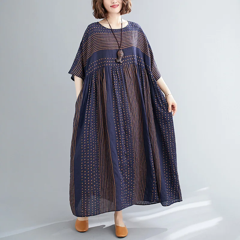 

New Dresses Literary Oversized Round Neck Loose Cotton Linen Printed Polka Dot Short Sleeved Dress For Women Платье Женское