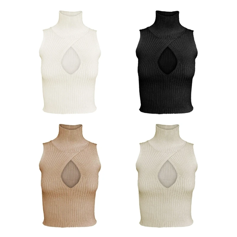 

Женский укороченный топ с высоким ложным воротником и разрезом спереди, однотонный ребристый вязаный облегающий Топ без рукавов, свитер, жи...