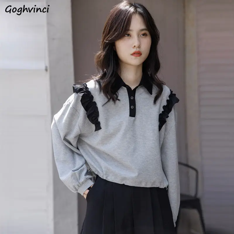 

Sweatshirts Women Minimalist Ruffles Elegant Streetwear Turn Down Collar Tender Casual Long Sleeve Fashion Design Korean Teens