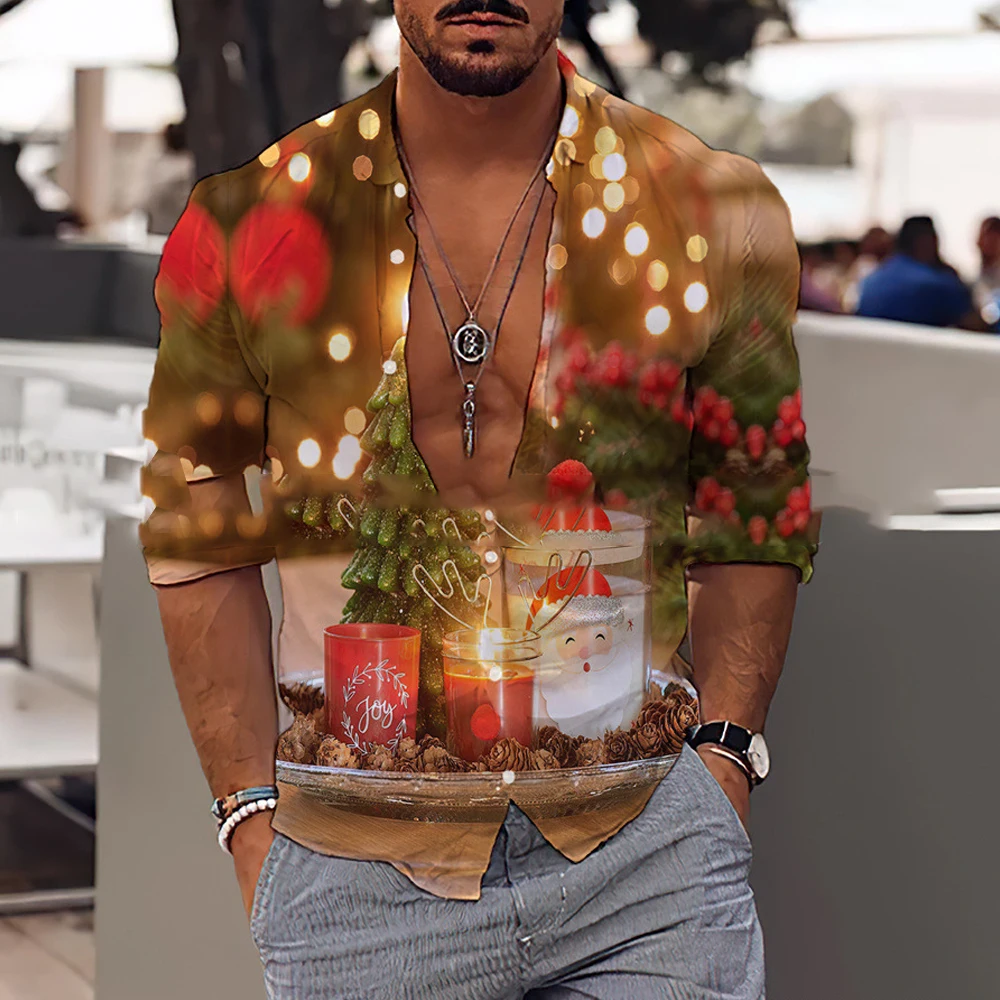 

Clothes Men's Shirt Button-Down Casual Christmas Floral Blouse Hawaiian Holiday Husband Long Sleeve Printed Femle