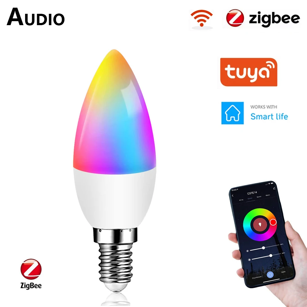 Tuya ZigBee E14 Smart Light Bulbs LED Candle Bulb RGB C+W 5W Color Dimmable Lamp Compatible with Alexa Google SmartThings Hub
