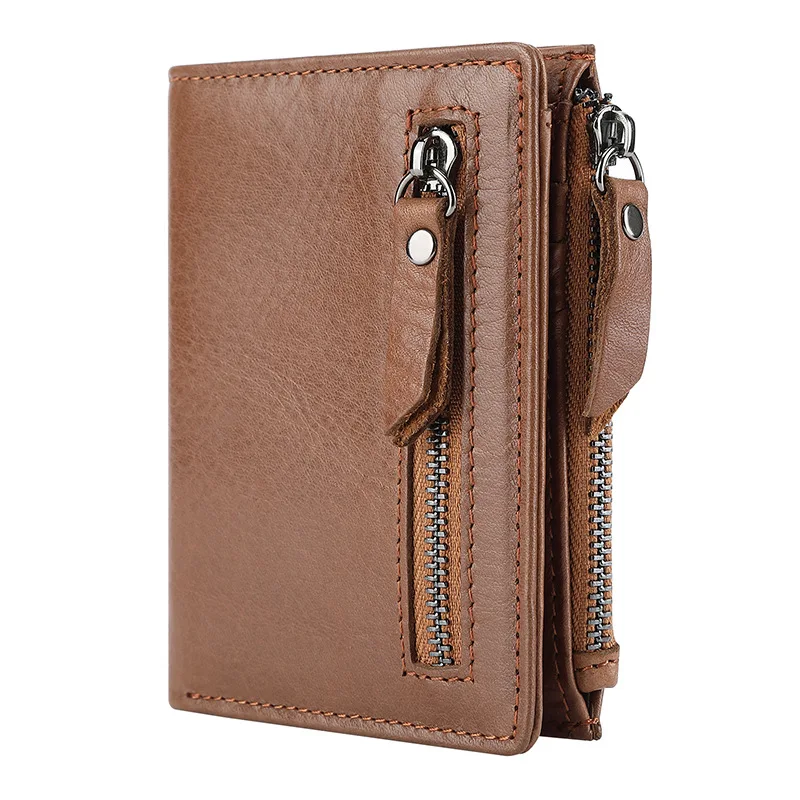Double Zipper DFID Multifunctional Retro Wax Leather Wallet Leather Men's Bag Short Wallet First Layer Cowhide Men Wallet