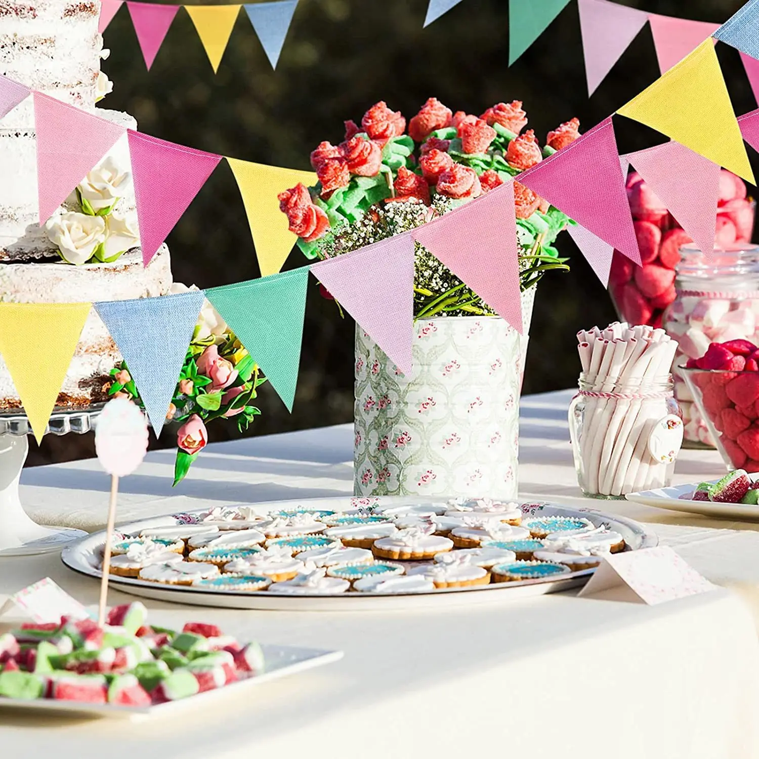 

Wedding Party Favor Jute Colorful Flag Anniversary Pink Purple Blue Garland Engagement Banner Decorations