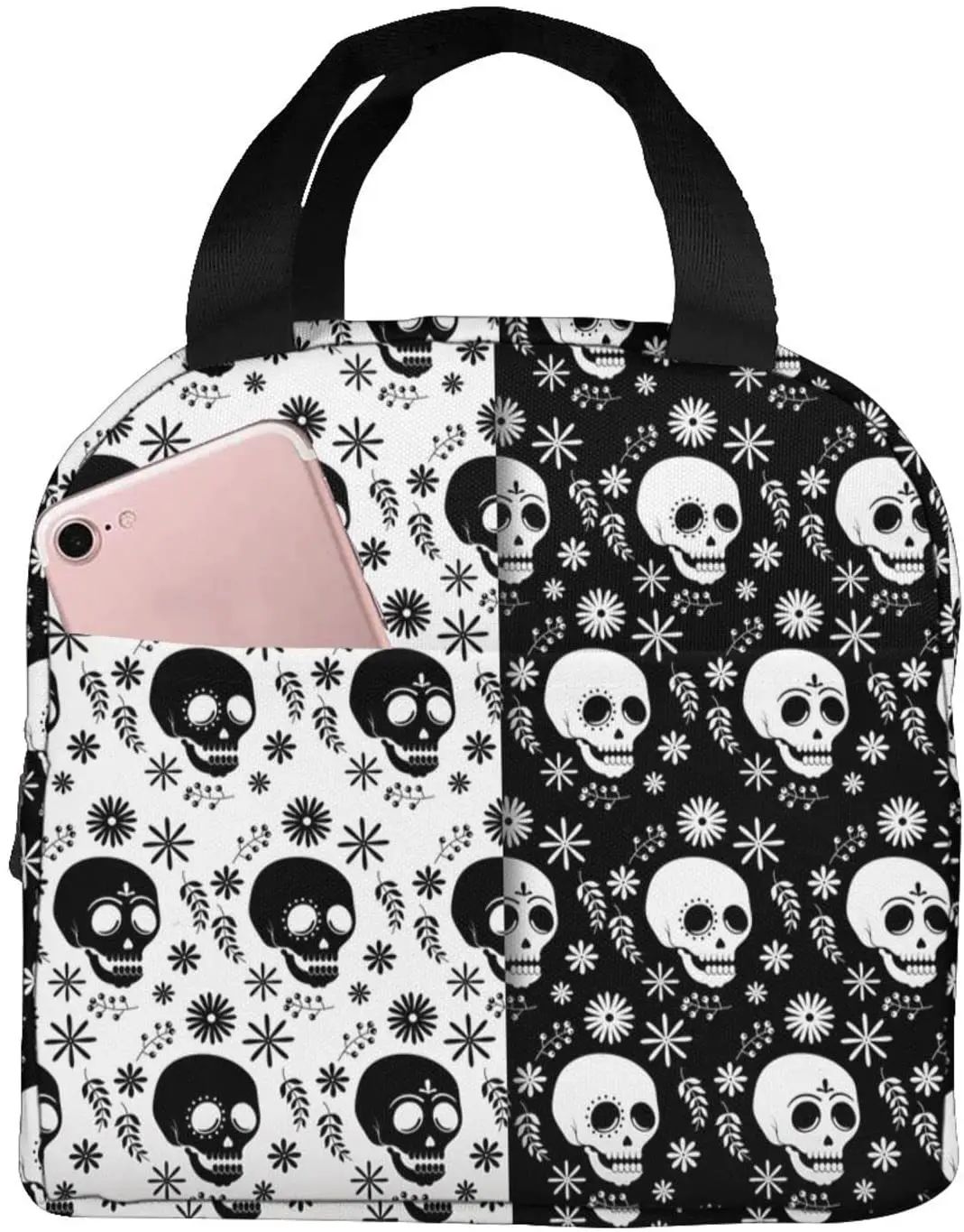 

Hand Drawn Día De Muertos Skull Lunch Bag Insulated Lunch Box Cooler Tote With Front Pocket For Men Women