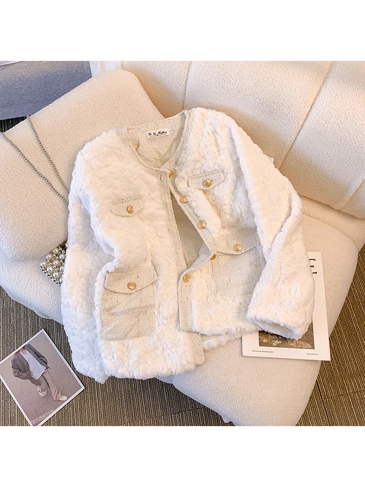 

Корейская модная пушистая куртка из овечьей шерсти, женская уличная одежда с круглым вырезом, куртки из искусственного меха, женское толстое теплое плюшевое пальто на осень и зиму 2022