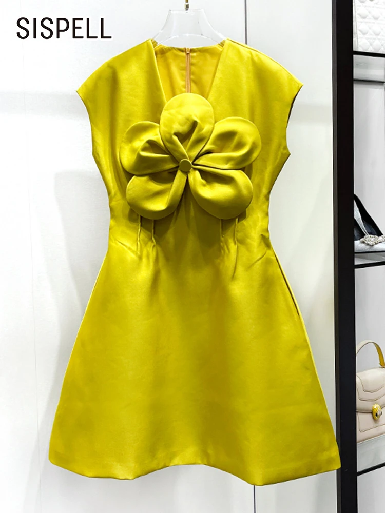 

SISPELL Fashion Solid Dress For Women V Neck Sleeveless High Waist Patchwork Floral Mini Dresses Female 2022 Summer Korean New