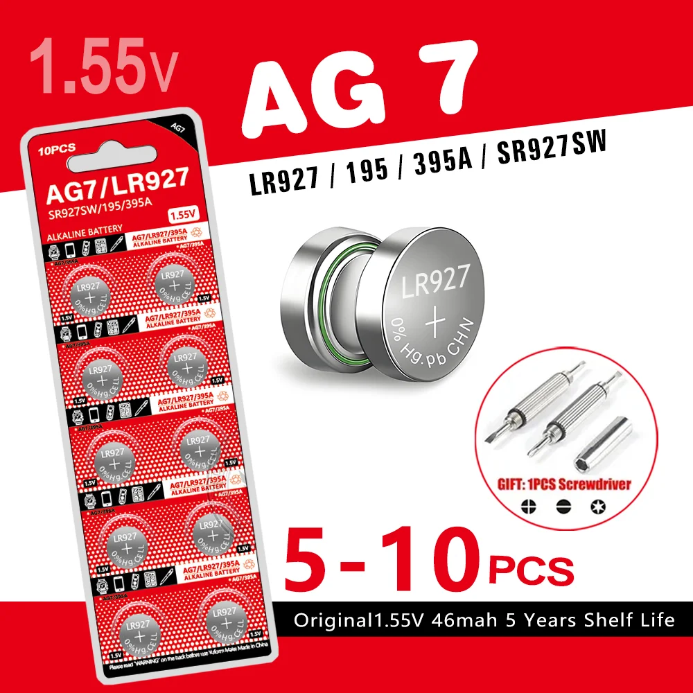 Фото 5-10 шт. AG7 LR927 SR927SW 395 395A L926F 1,55 В щелочная батарейка-таблетка для часов, калькулятора, игрушек с дистанционным управлением №1