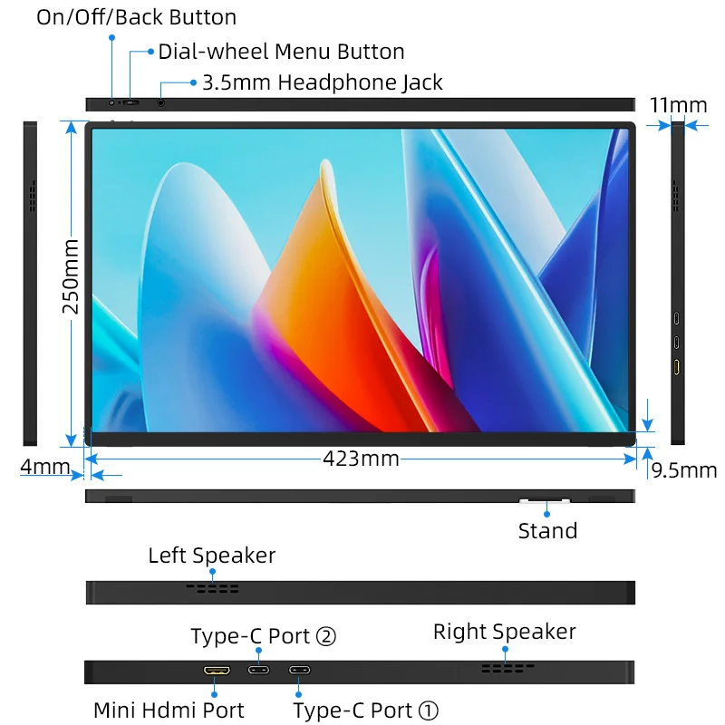 18,5-дюймовый портативный монитор 100 Гц RGB100% с отверстием VESA и задним кронштейном для ноутбука Расширенный дисплей ADS-IPS HDR-экран (art.: 3920d237bce04) - 3920d237bce04
