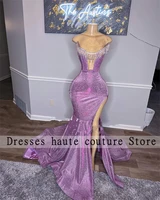 sexy purple slit mermaid prom dresses black girls sleevless tassel evening gowns lace up ruffles party dress vestidos de gala