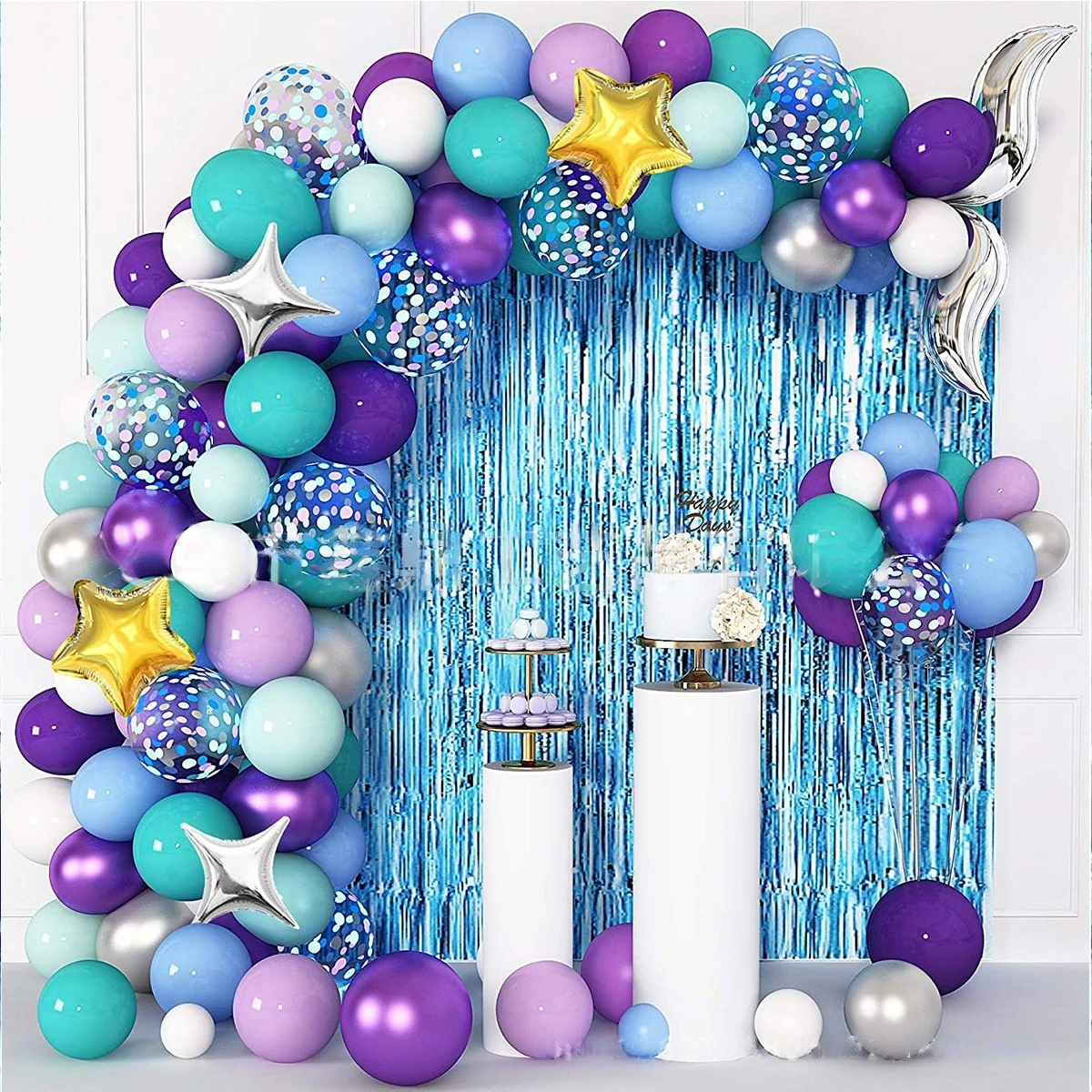

JOLLYBOOM Mermaid Theme Purple Teal Balloon Garland Arch Kit Blue Silver Foil Fringe Curtain for Baby Shower Girls Birthday