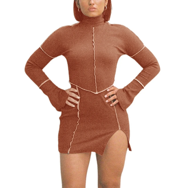

Striped Turtleneck Split Short Dress Women Hipster Stitching Harajuku Casual Dress Spring Female Streetwear Clothes