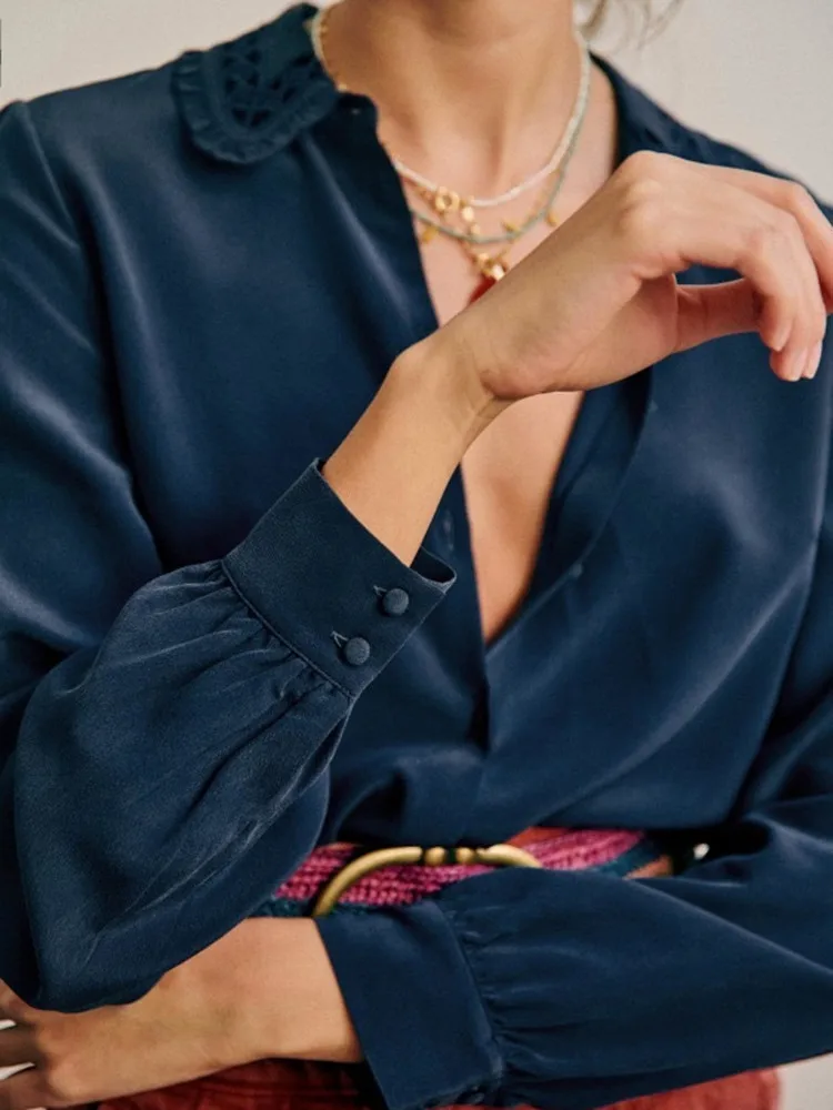

Women Shirt Hollow Out Embroidered Turn down Collar Single Breasted Long Sleeve Blouse