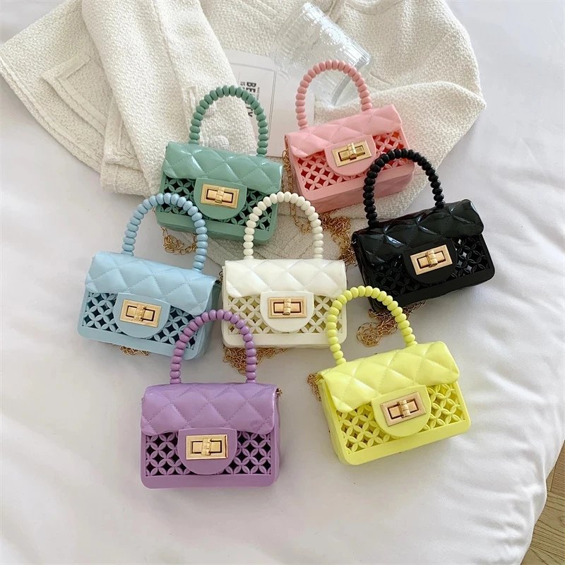 

Summer Jelly Small Square Bag Hollow Out Design Solid Color Handbag Girls Cute Sweet Chain Crossbody Bag Top-handle Purse