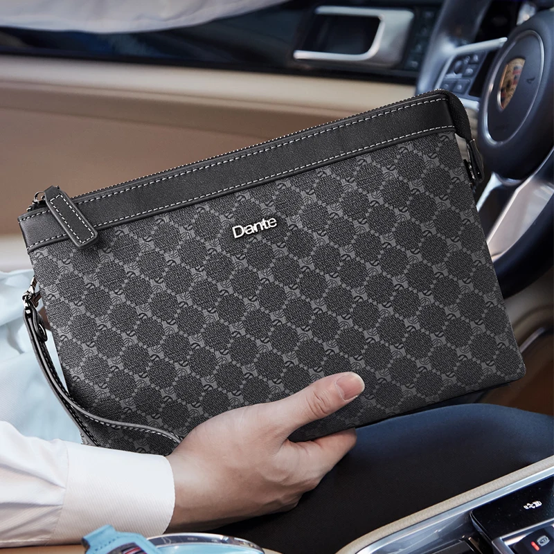 

DanteFashion Famous Brand Designer Men Bag Fashion Plaid Leather Large Capacity Slim Clutches Male Business Phone Wrist Bag