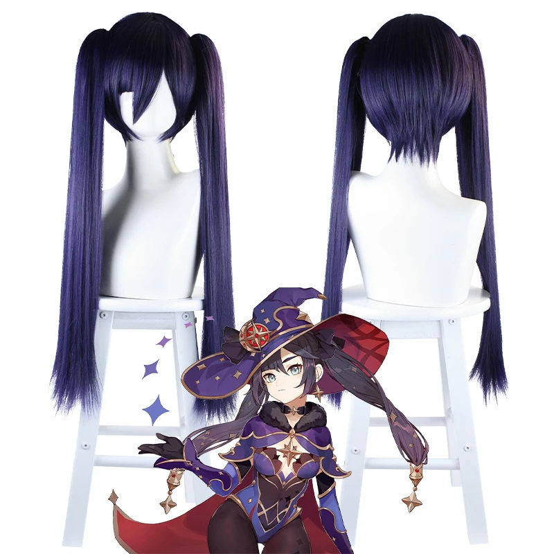 

Genshin Impact Cosplay Mona Wig Long Straight Twin Ponytails Bangs Dark Purple Heat Resistant Hair Adult Halloween Role Play
