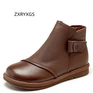 ZXRYXGS High Quality Soft Cowhide Women Leather Boots Flat Shoes Woman's Boots 2022 Autumn Winter Soft Comfort Shoe Casual Boots