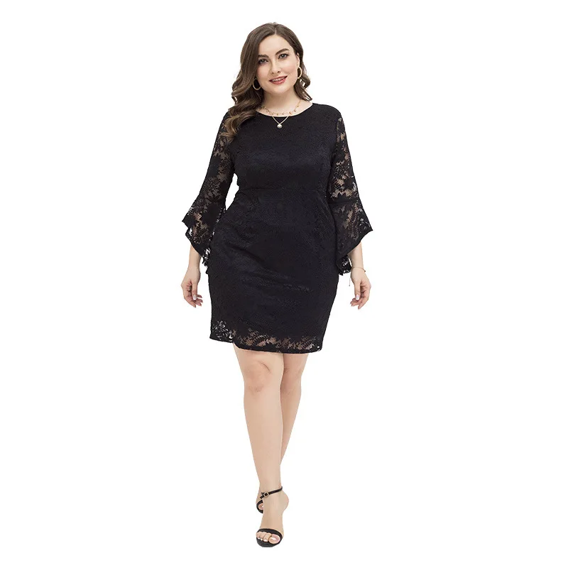 

Fashion Women Elegant Plus Size Dress Black Lace Flare Sleeve Three Quarter Mini Dress Female Clothes Skirt
