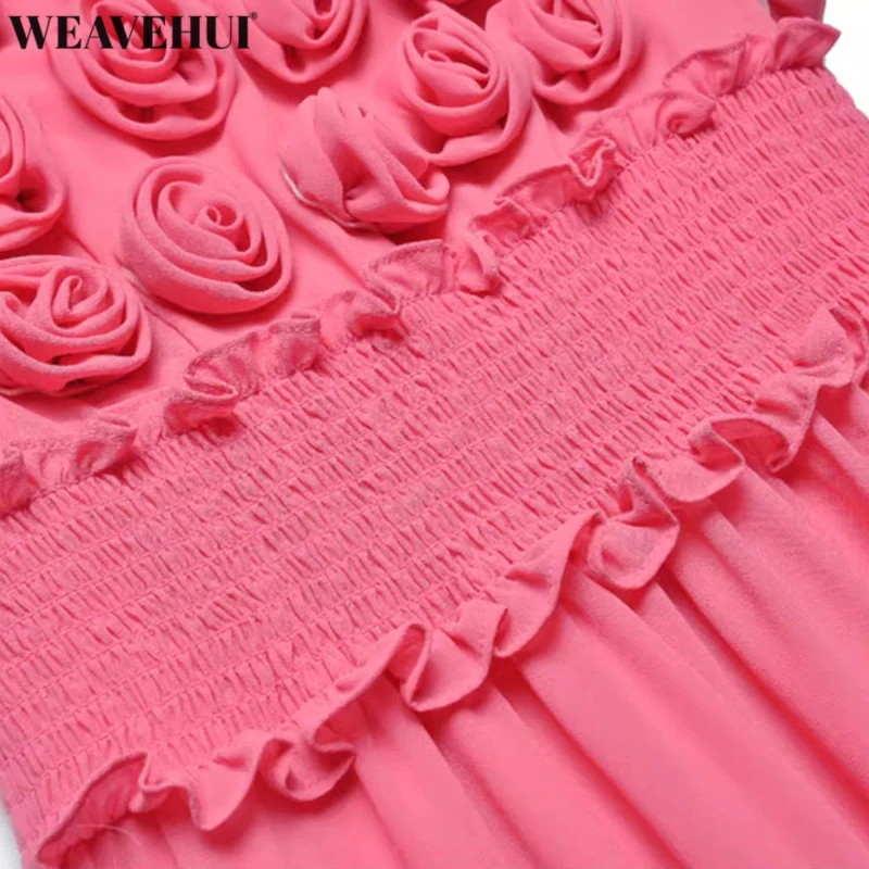 WEAVEHUI женские платья с круглым вырезом и пышными рукавами, винтажные однотонные платья с цветочными оборками и эластичной резинкой на талии, летняя женская мода (art.: 3920d07e76eed) - 3920d07e76eed