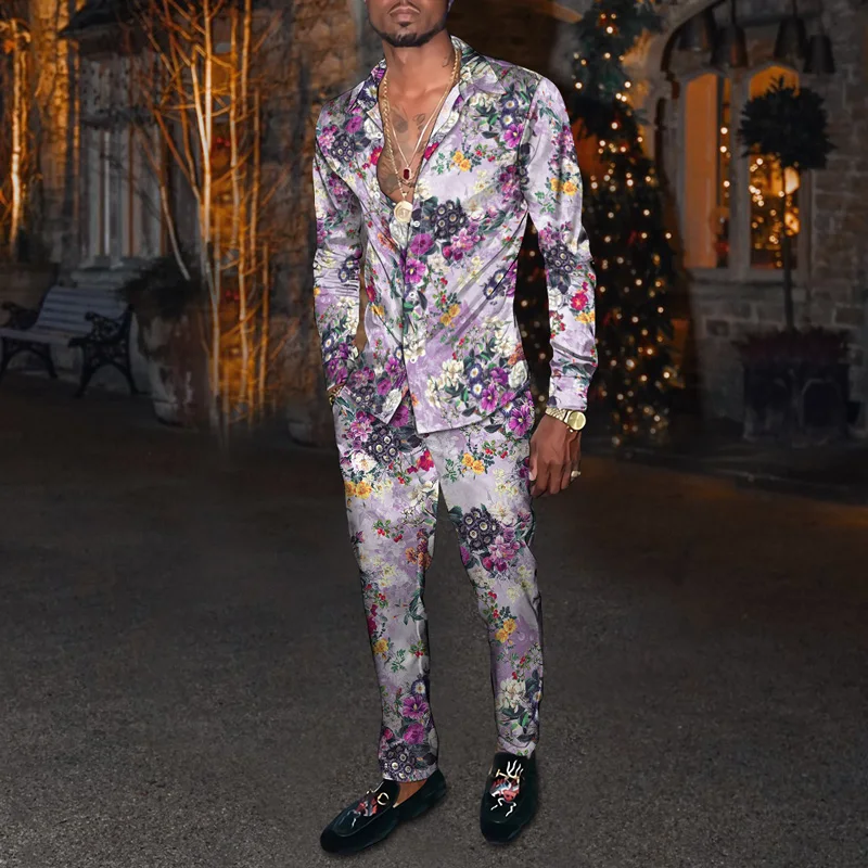 

2023 Men's 3D Digital Printing New Plant Landscape Fashion Single Breasted Slim Fit Long Sleeve Shirt+Pants Casual Set