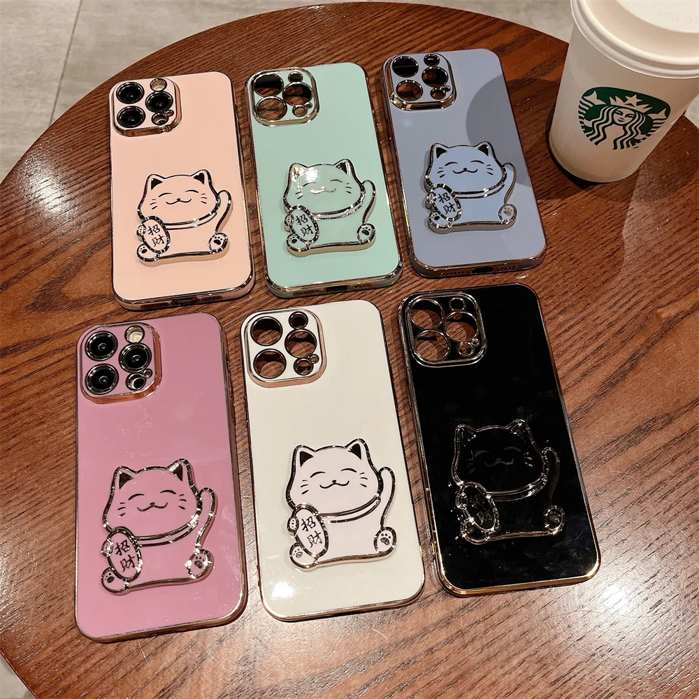 

Cartoon Fortune Cat Cute Case for iPhone 14 Plus 11 12 13 14 Pro Max X Xs Xr 7 8 Plus SE 2020 2023 Plating Stand Holder Cover
