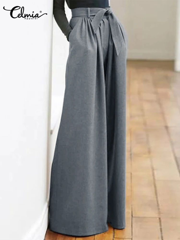 

Celmia Bandage Office Lady Pantalon Women Pleated 2022 Fashion Spring Long Trouser Pocket Casual Loose High Waist Wide Leg Pants