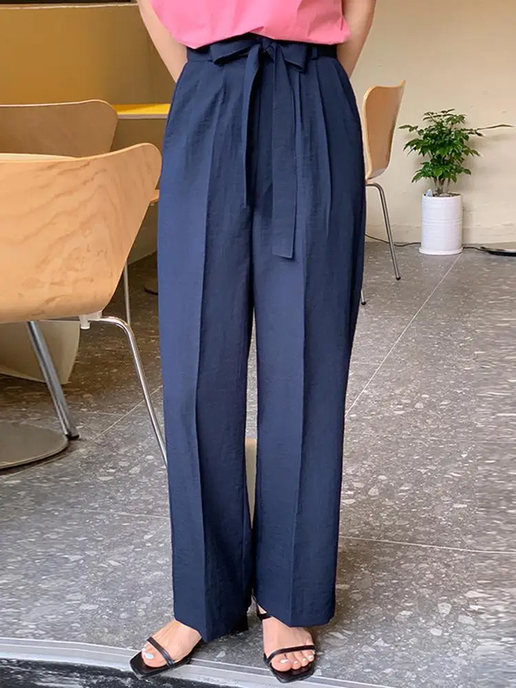 

Elegant Trousers Pants 2023 VONDA Summer Women Pants High Waist Casual Solid Color Bandage Pockets Straight Pantalones