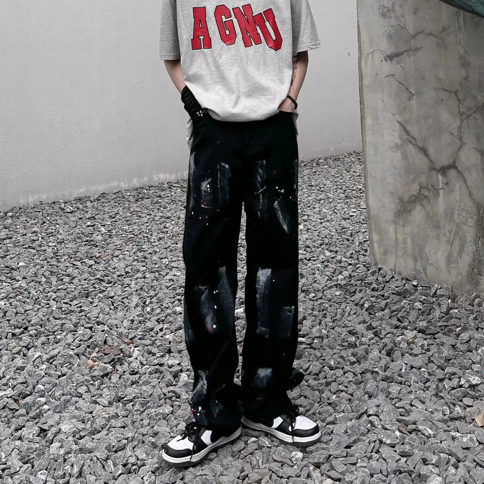 Men Jeans Ins Hip Hop High Street Ink Splash Jeans Y2k Korean Version Fashion Street Loose Straight Jeans Ins Hot Sale Softener