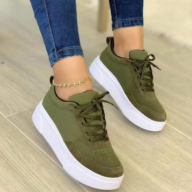

Platform Sneakers Women Lace-up Sports Shoes Ladies Green Apricot Grey 3 Color Casual Single Shoes Size 35-43 zapatos de mujer