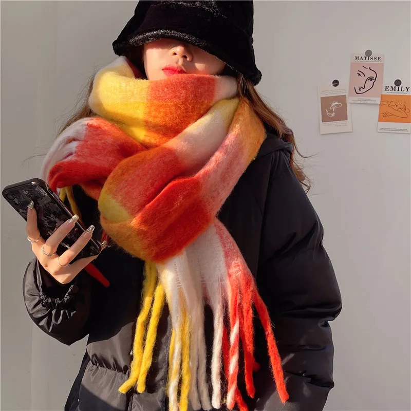 

Cashmere Scarf Plaid Tassel Scarves Women Winter Rainbow Shawl Long Thickened Bib Fashion Casual Scarfs Men Luxury Neckerchief