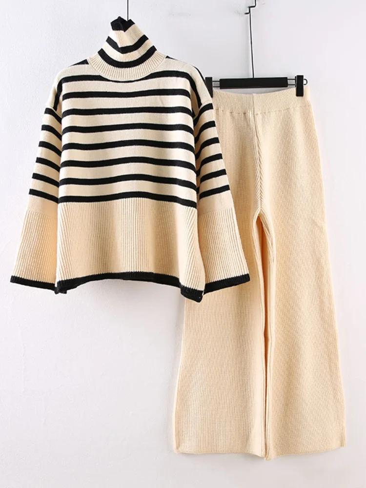 2 Pieces Sets Knitted Turtleneck Striped Sweater With Loose Casual Wide-leg Pants Women's Autumn And Winter New M862