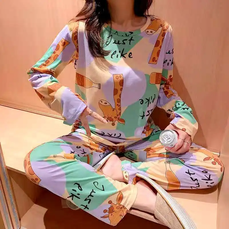 Spring Autumn Female Superior Quality  Breathable And Hygroscopic Pajamas Suit Fresh Style Long Sleeve Printing  Outerwear