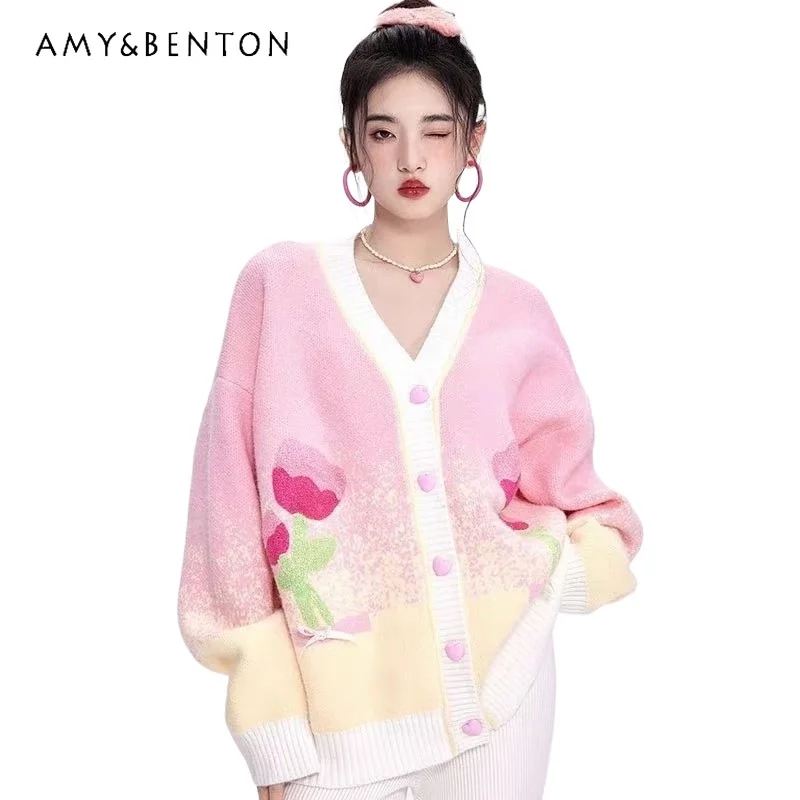 

Autumn 2023 New Korean Style Sweet V-neck Chic Flower Jacquard Color Matching Anti-Aging Elegant Knitted Cardigan Coat Y2k Top