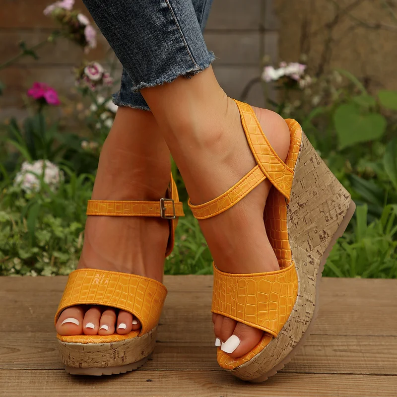 

Women's Shoes Summer New Fashion Buckle Open Toe Wedge Roman Sandals Casual Non-slip Thick-soled Beach Shoes Sandalias De Mujer