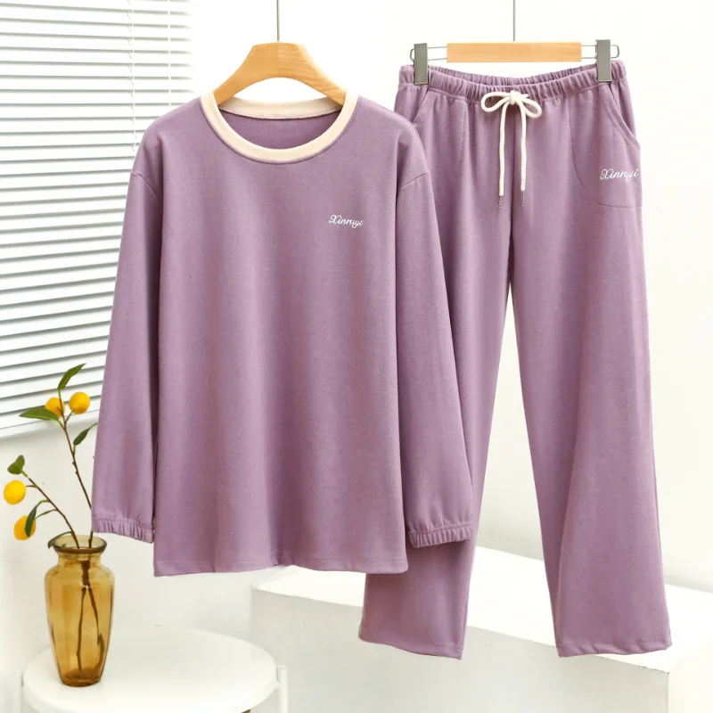 Winter Women Home Clothes Pajamas Toothpick Strips Velvet Round Neck Contrast Deep Pocket Long 2-piece Set Sleep Wear Sleepwear