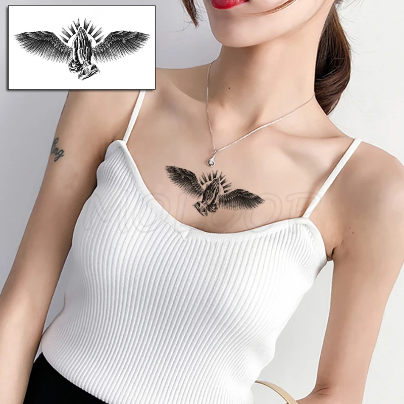 Praying Hands Eagle Wings Element Temporary Tattoo Sticker Fake Tattoos for Women Men Body Makeup Waterproof Stickers