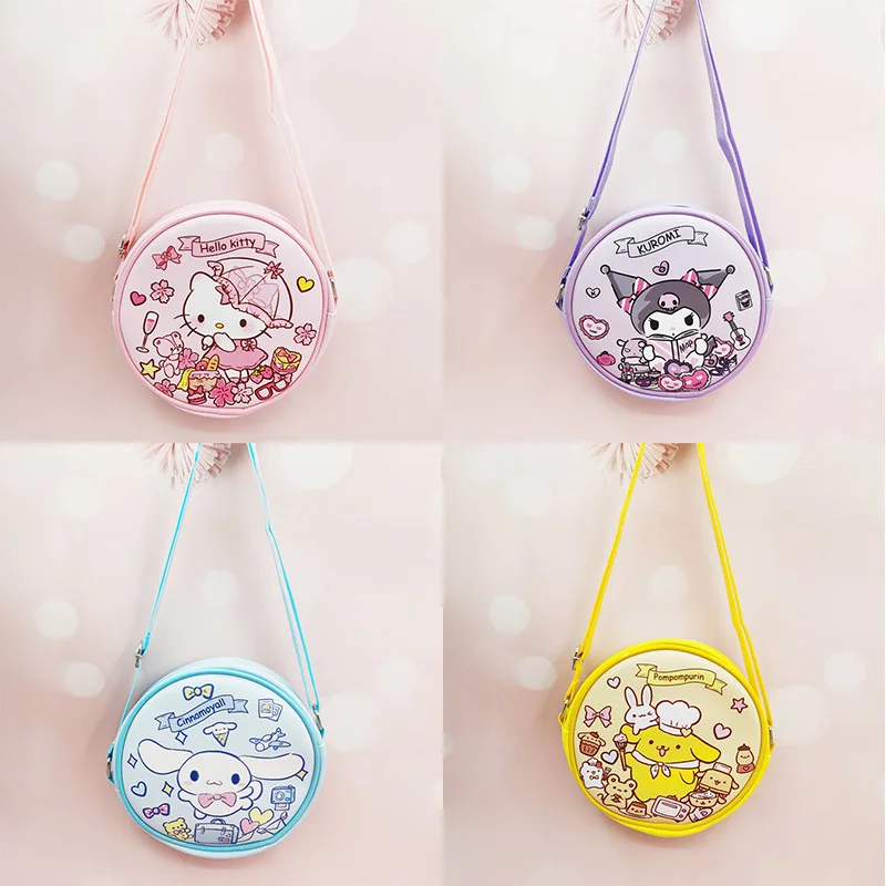 

Sanrio Hellokitty Mymelody Kuromi Purin Cinnamoroll New Cartoon PU Messenger Bag Round Double-sided Printing Shoulder Bag