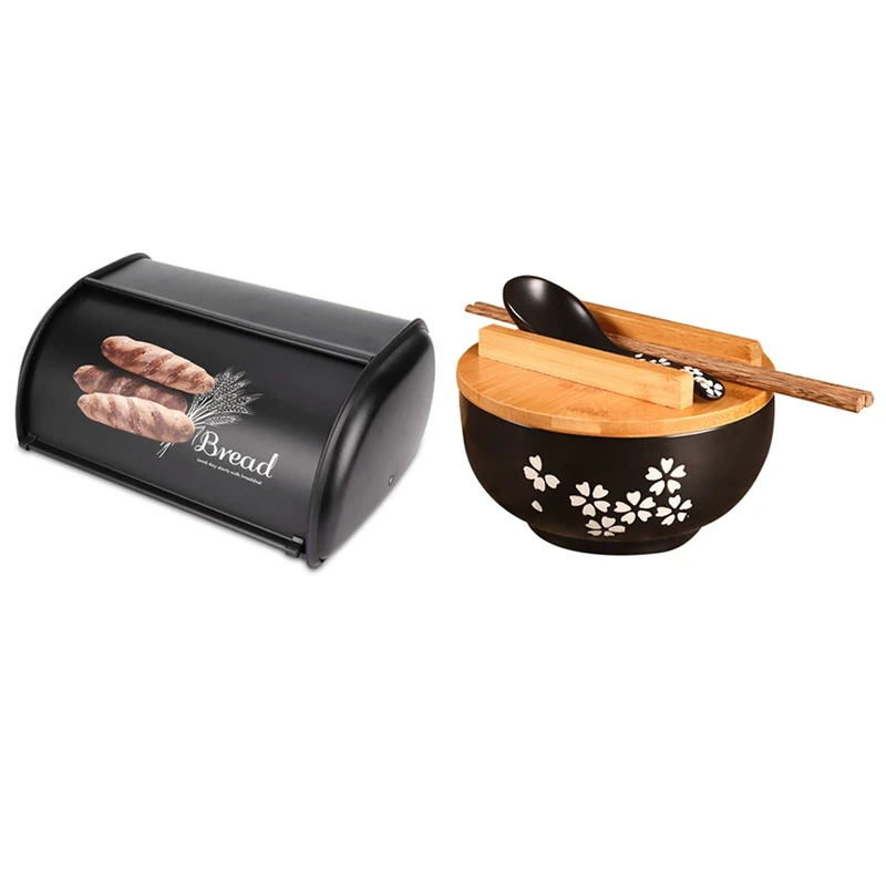 

Bread Box,Large Capacity Metal Bread Box,Holder Bin Container 3.1-4L & Japanese Style Ceramic Bowl,Tableware Set