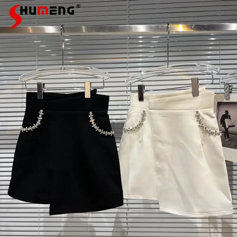 

Heavy Rhinestone Pocket Irregular Stitching Mini Skirt Women's High Waist Black White Short Skirt 2022 Spring New Faldas Mujer