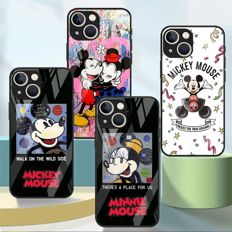 

Cute Cartoon Mickey Mouse Glass Case For Apple iPhone 14 11 13 12 Pro XR X XS Max 13Pro 13Mini 14Plus Silicone Soft Phone Cover