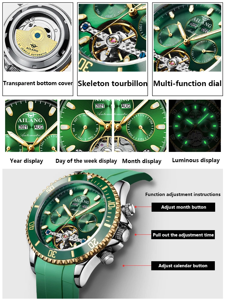 Luxury Mechanical Watch Men Automatic Hollow Tourbillon Wristwatch with Sub-dials Complete Calendar Week Display enlarge