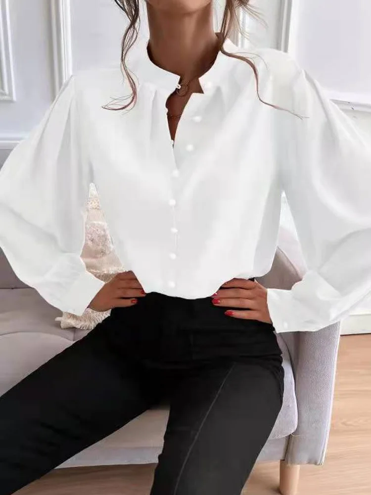 

Elegant Stand Collar Women Solid Shirt Blouse Fashion Single-breasted Buttoned Top Blusa Casual Office Lady Lantern Sleeve Shirt