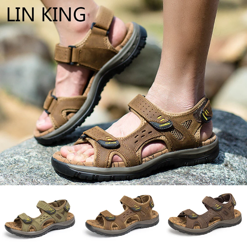 LIN KING Retro Solid Men Gladiator Sandals Genuine Leather Man Summer Outdoor Sandals Breathable Anti Skid Beach Shoes For Male
