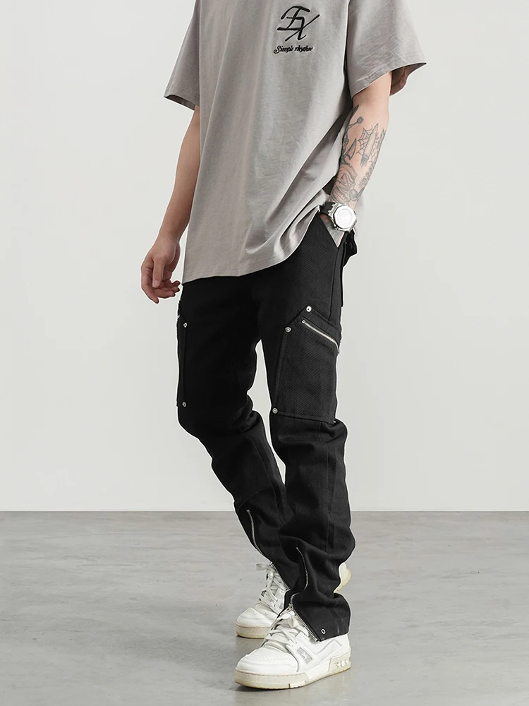 Men's Jeans High Street Multi Pocket Zipper Design Jeans Men's Hip Hop Black Slim Pants Hot Selling Boyfriend Jeans Four Seasons