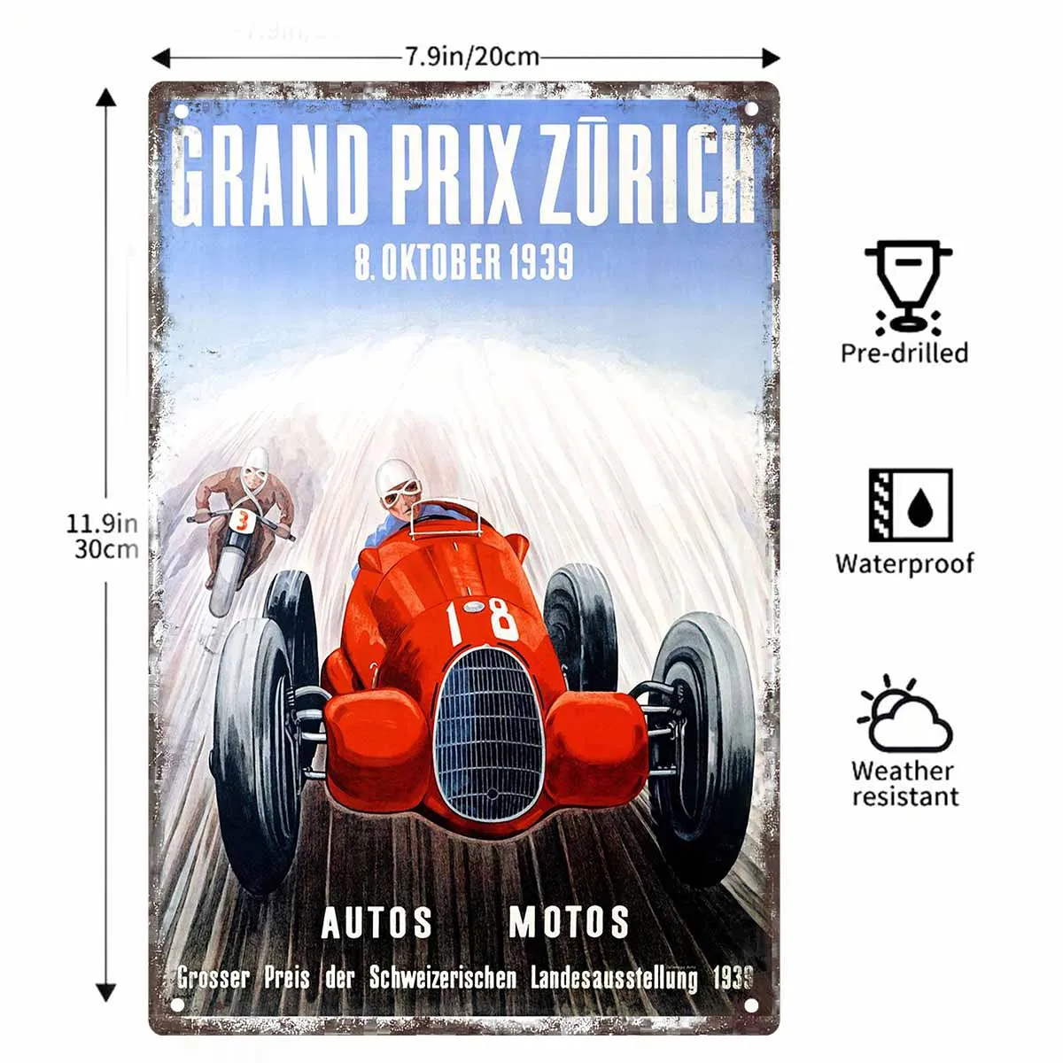 Фото 2D плоская металлическая табличка-постер «Гран-при Цюриха 1939» в винтажном стиле для декора дома, гаража, спальни, веранды и сада, 1 шт. №2