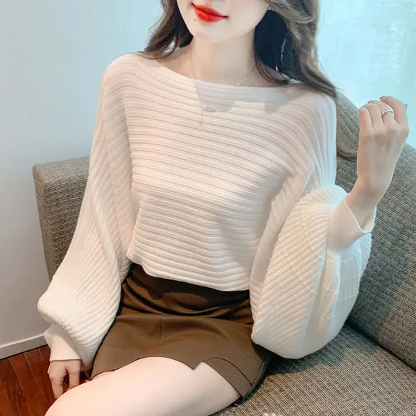 

2023 Winter New Sexy Weater Women Keep Warm Thickened Slash Neck Pullovers Loose Fit Striped Sweater Fashionable Tops T691
