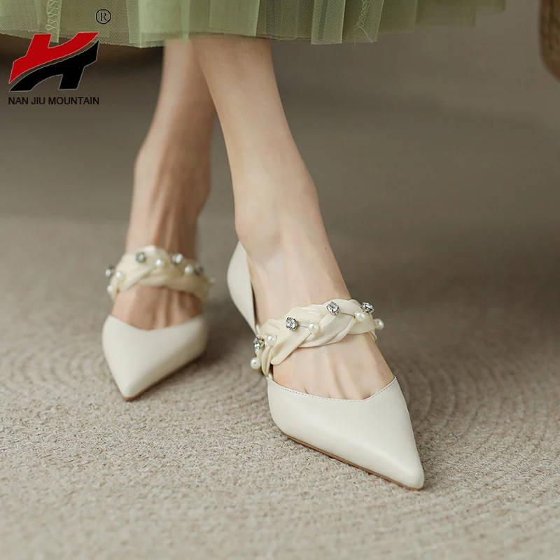 

2022 Women Single Shoes Pointed Toe High Heel Solid Color Pearl Rhinestones Spring Summer Small High Heels Woman Shoes